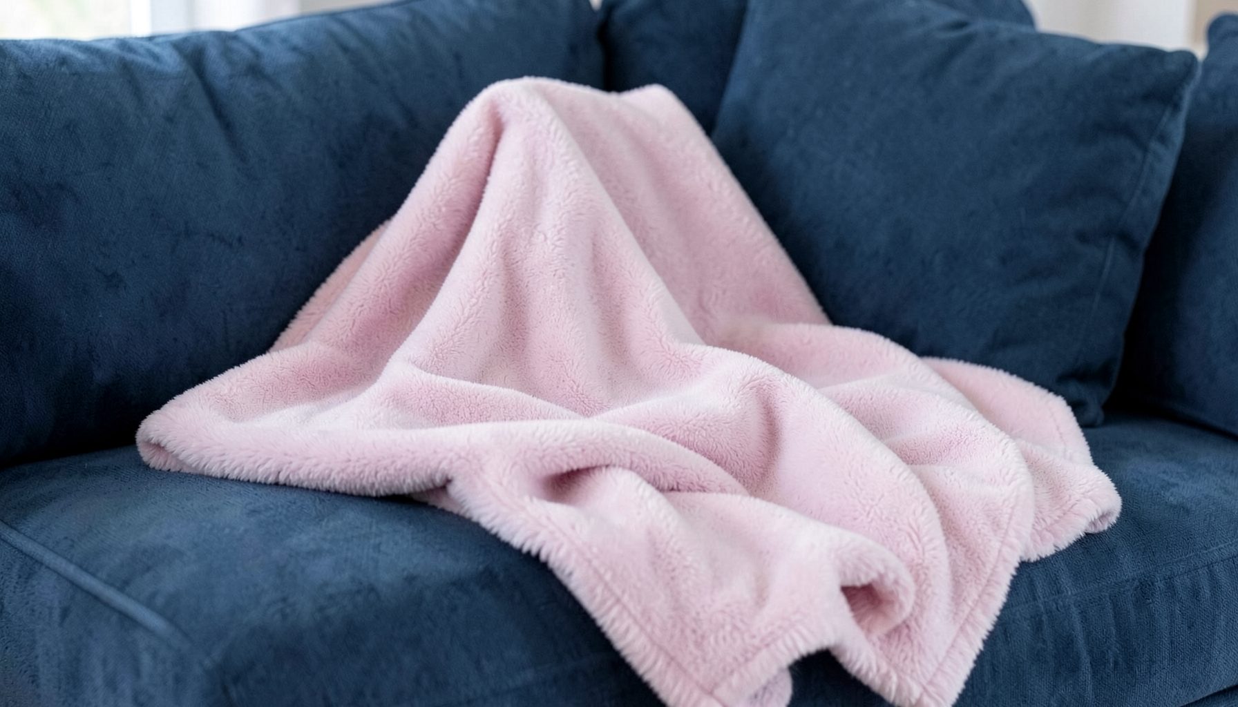 Couverture polaire douce pliée sur un canapé, tons bleu nuit et rose pastel
