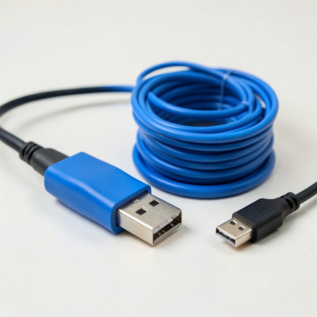 Enrouleur de câble USB Stitch bleu, posé à côté d'écouteurs
