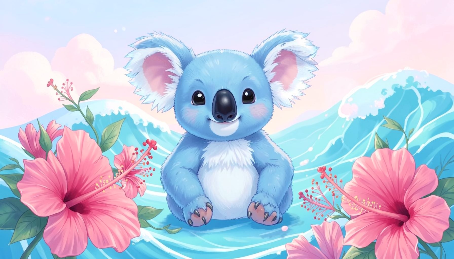 Illustration douce et colorée d'un petit koala bleu extraterrestre entouré de fleurs d'hibiscus roses et de vagues turquoise