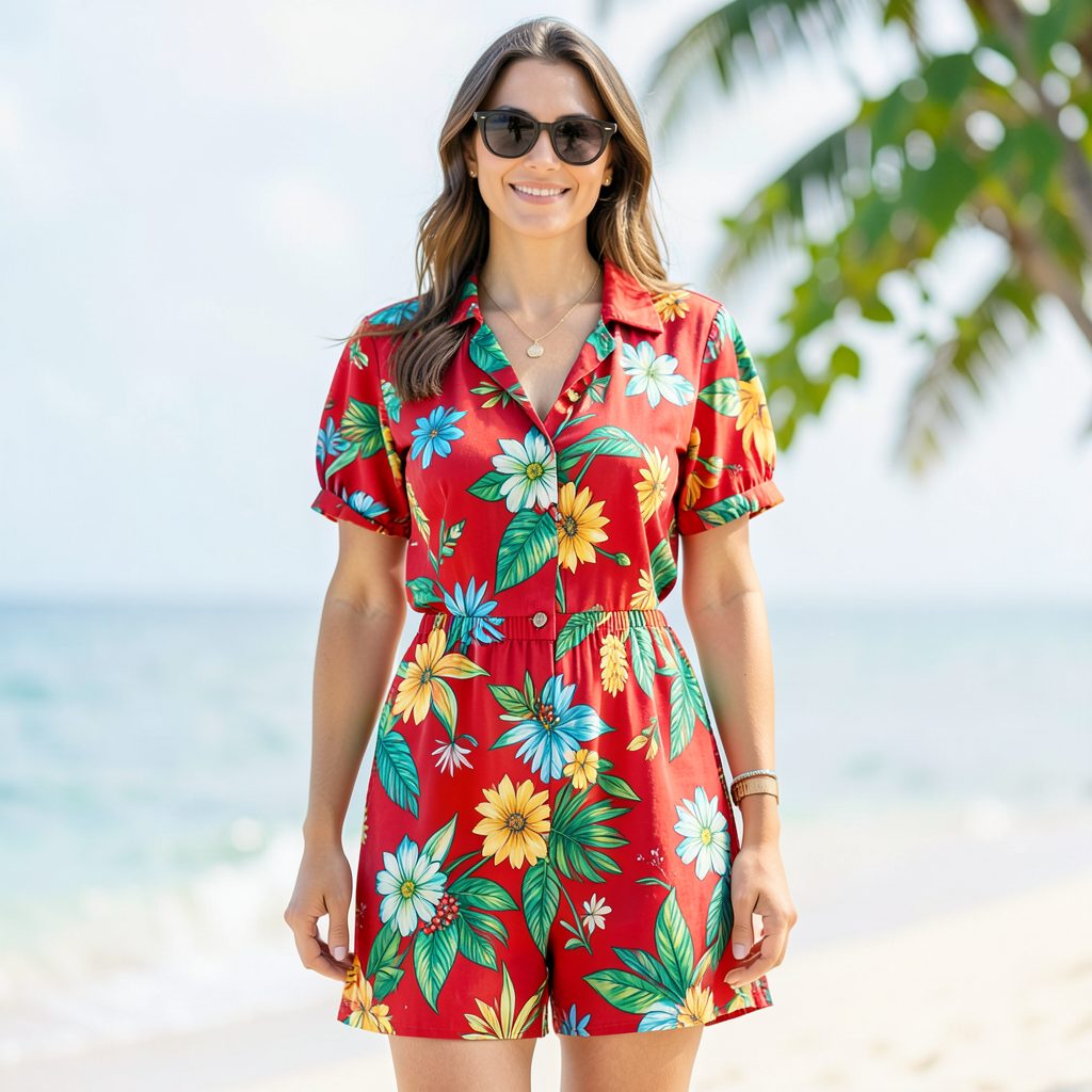Robe hawaïenne rouge à motifs tropicaux, style Lilo, légère et colorée