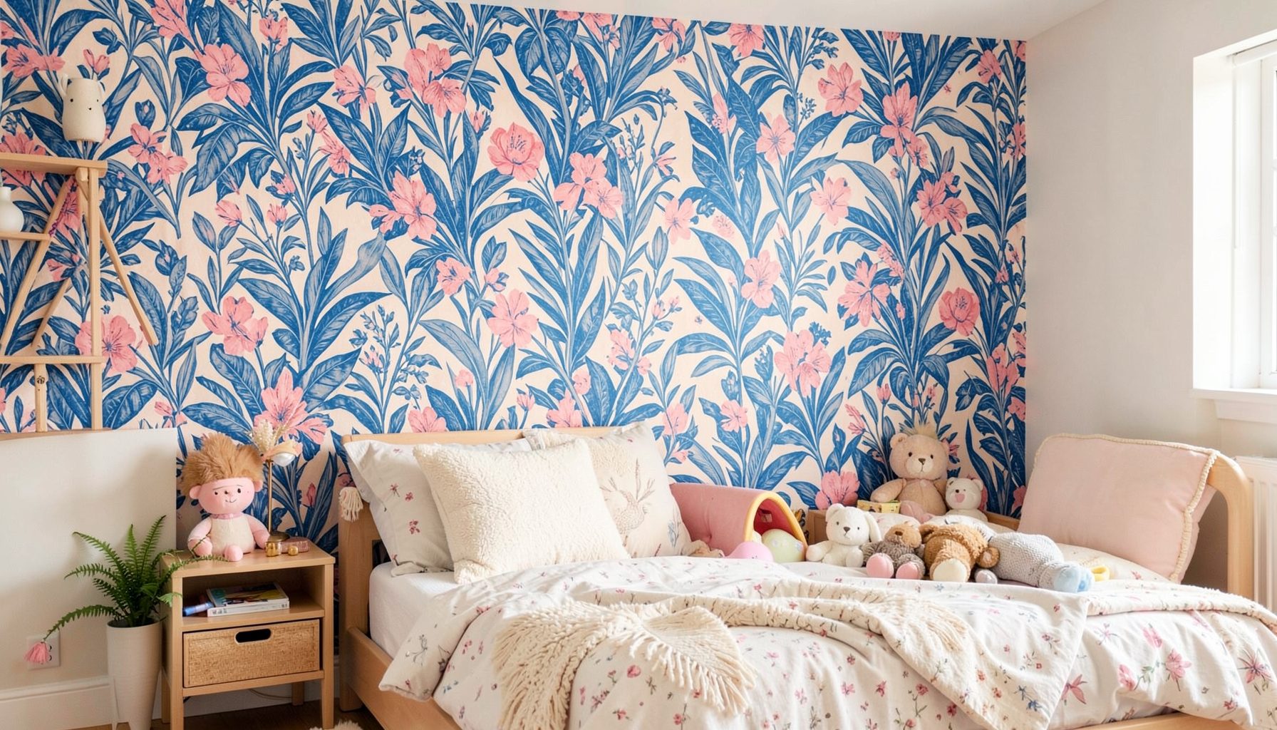 Tapisserie murale aux motifs tropicaux bleus et roses, ambiance chaleureuse de chambre d'enfant