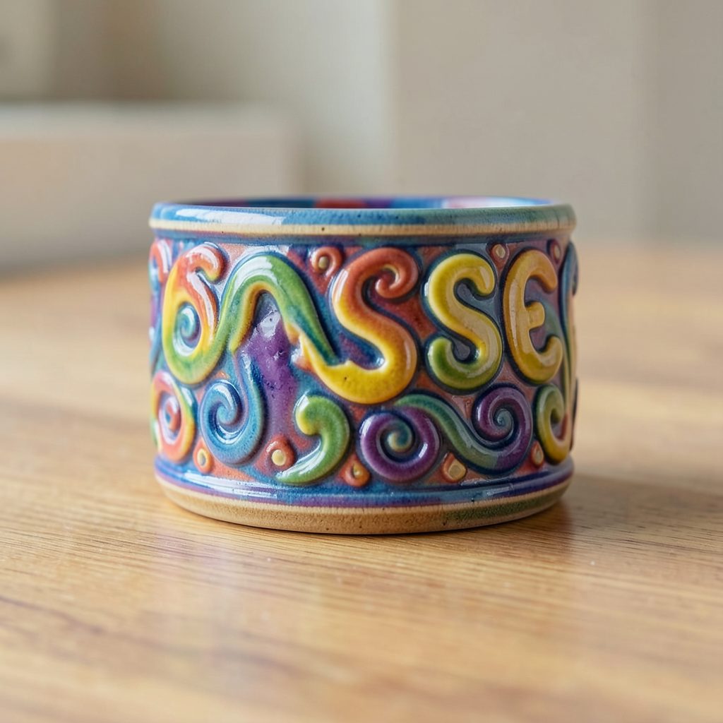 Tasse Stitch 3D, céramique colorée avec relief, posée sur une table
