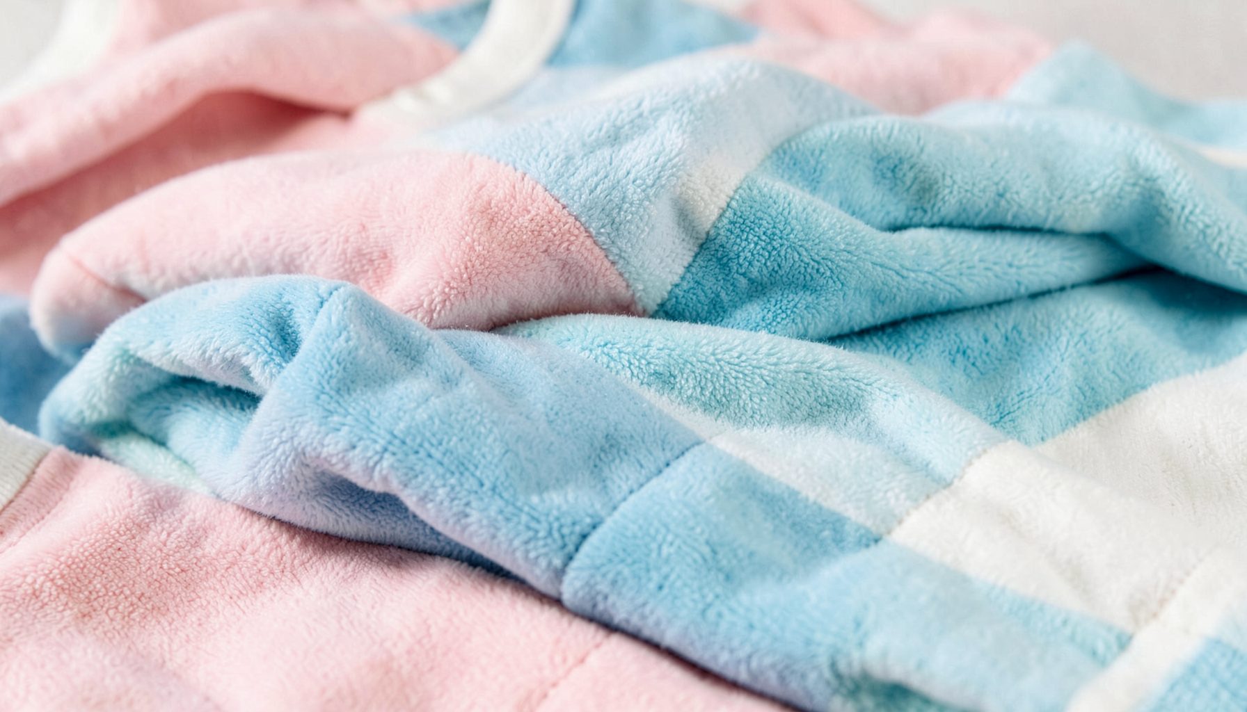 Vue rapprochée de tissus doux empilés dans des tons pastel rose, bleu turquoise et blanc, ambiance cosy et enfantine